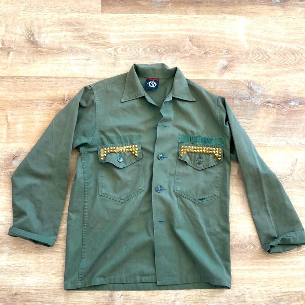 Shop Planet Blue vintage Army reworked studded shirt Jacket small/medium